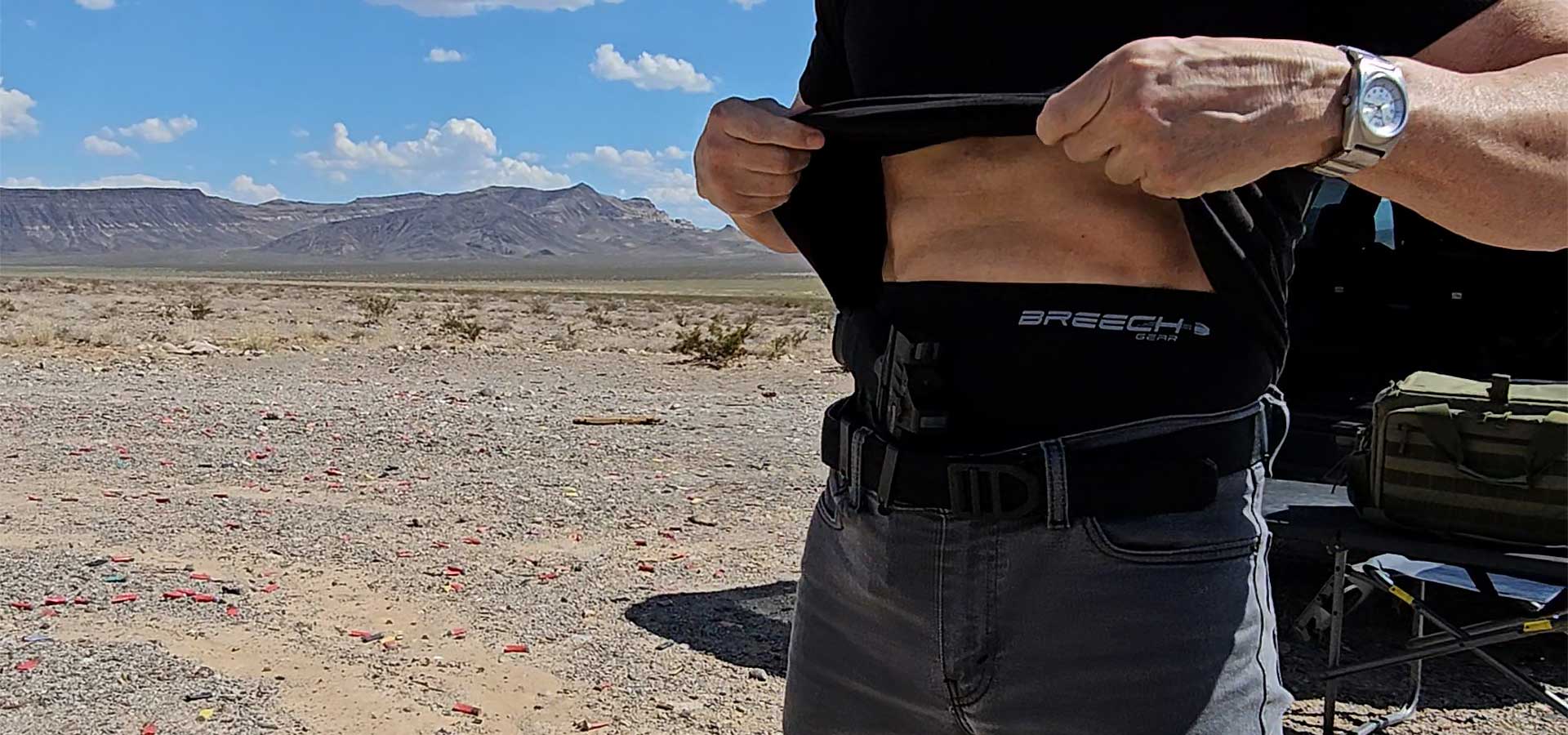 Wearing Breech Gear's conceal carry underwear in Stealth Black out in the desert.