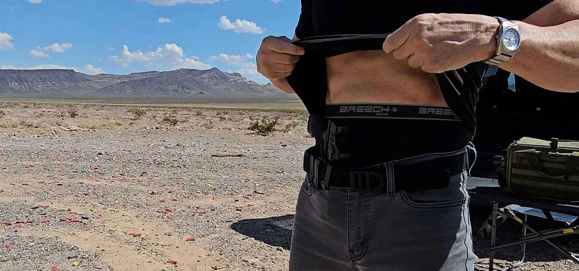 Breech Gear Boxer Briefs Conceal Carry Underwear Wearing Breech Gear's conceal carry underwear in Stealth Black out in the desert.