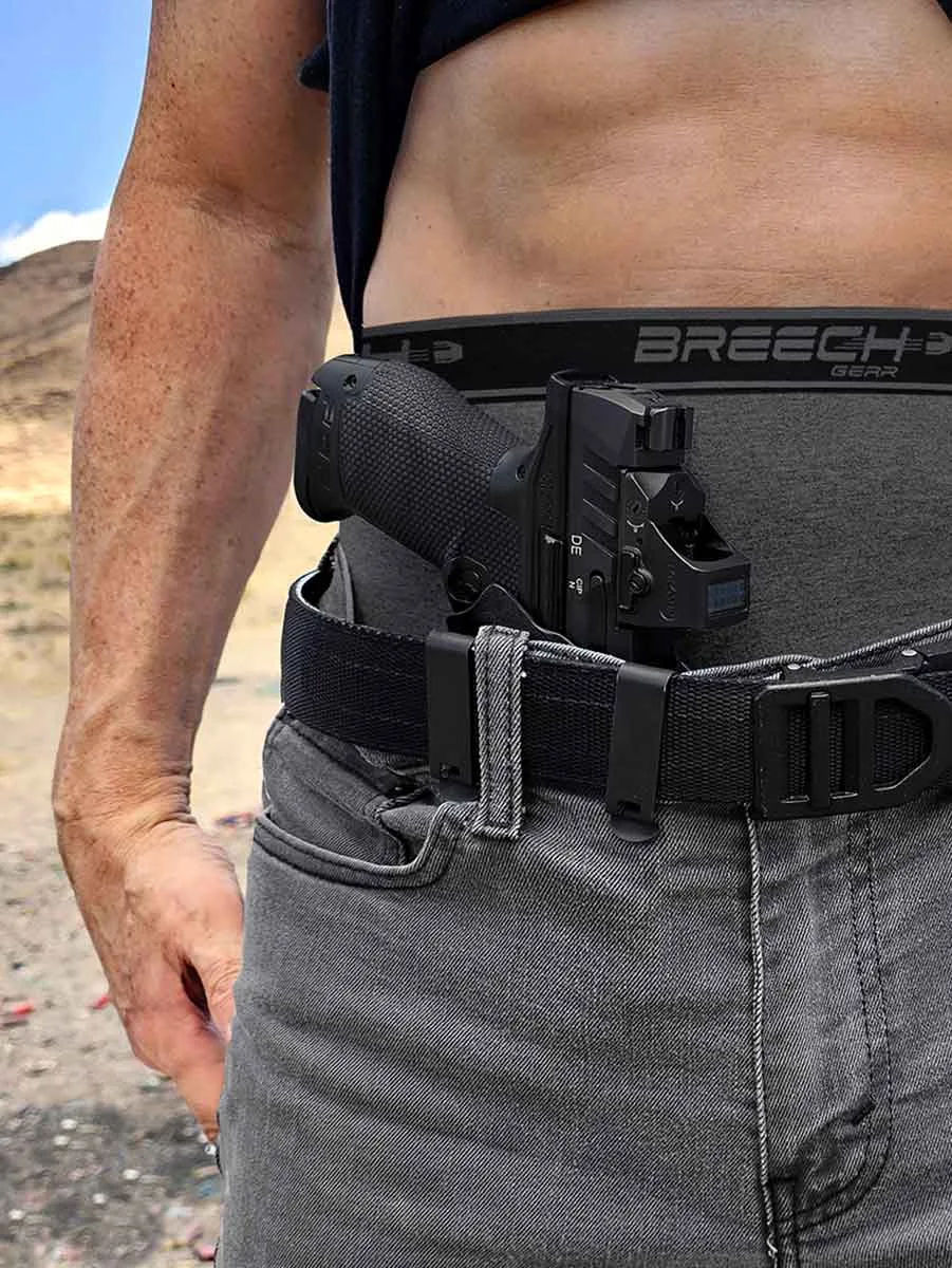 Breech Gear Boxer Briefs Conceal Carry Underwear Testing Breech Gear's moisture wicking mid-waisted boxer briefs protect against sweat in the hot desert.