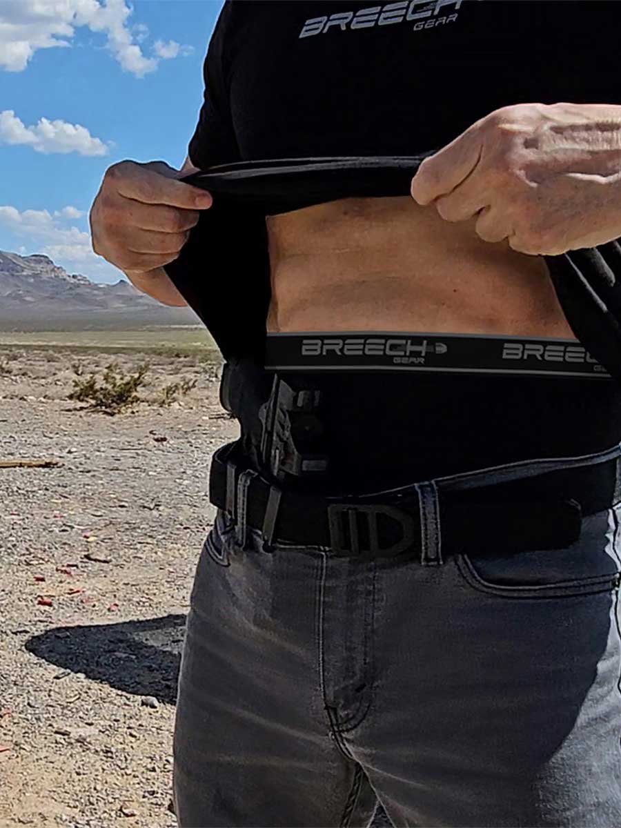 Wearing Breech Gear's conceal carry underwear in Stealth Black out in the desert.