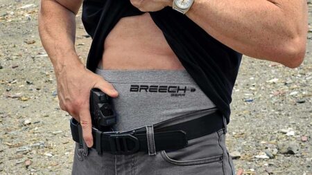 Breech Gear Mid-Rise series grey PRO concealed carry boxer briefs protects your skin from your IWB holster and firearm grip.