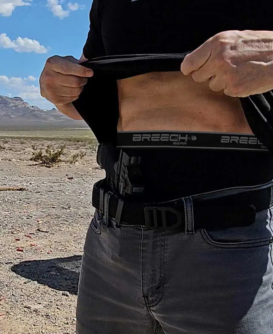 Wearing Breech Gear's conceal carry underwear in Stealth Black out in the desert.