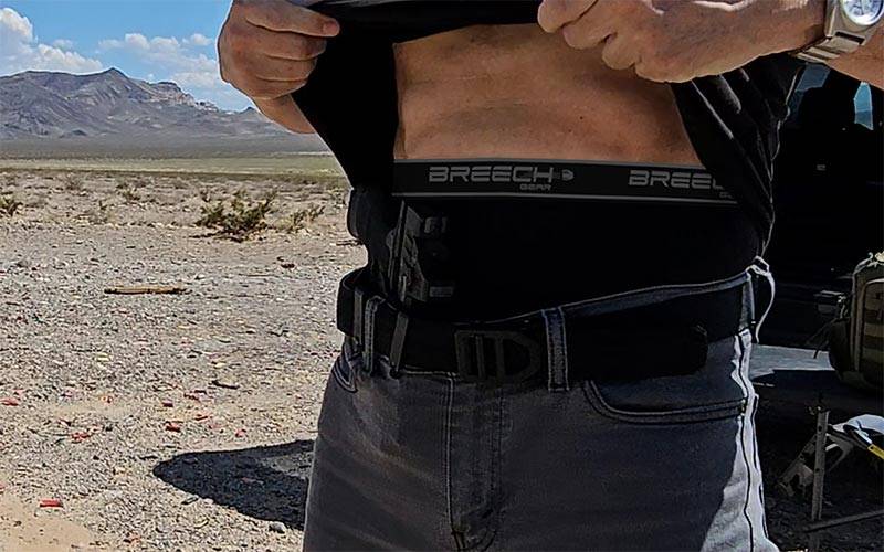 Wearing Breech Gear's conceal carry underwear in Stealth Black out in the desert.